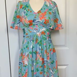 1970s Women's Bright Blue/Orange Knit Dress